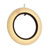 Roda S/90/V Ribbon Ring LED pendant light, a vertical hoop of pleated cream translucent fabric with a dark inner frame, suspended on thin cables against a plain white background.