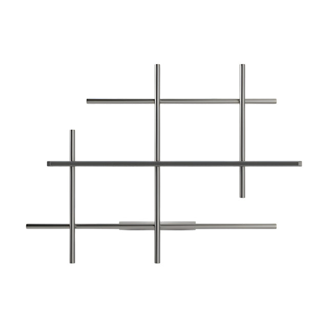 Hilow LED wall light with an open lattice of slim Brushed Titanium rods and a central black diffuser bar providing integrated warm-white light, shown on a plain white background.