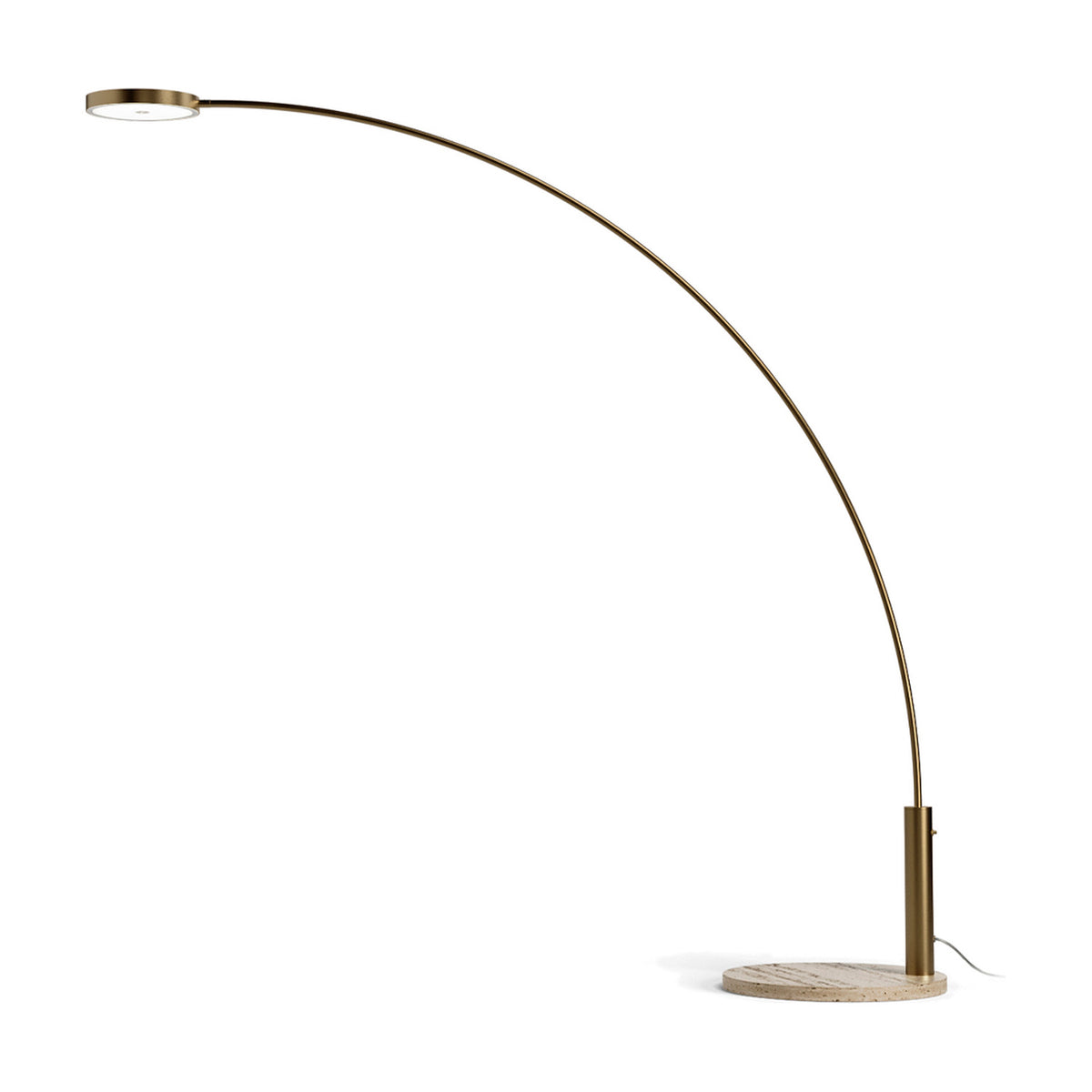 Dip Travertine arc floor lamp with slanted brushed bronze arm, round flat LED disc head, and circular travertine marble base, on a plain white background.