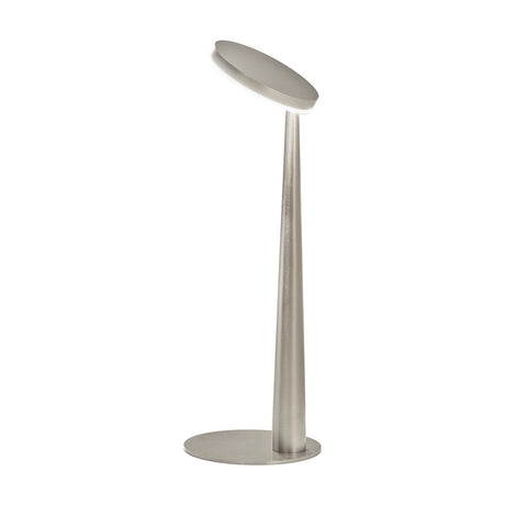 Bella Direct LED table lamp in Brushed Titanium finish, with slim tapered stem, round flat base, and angled disc head, shown on a plain white background.