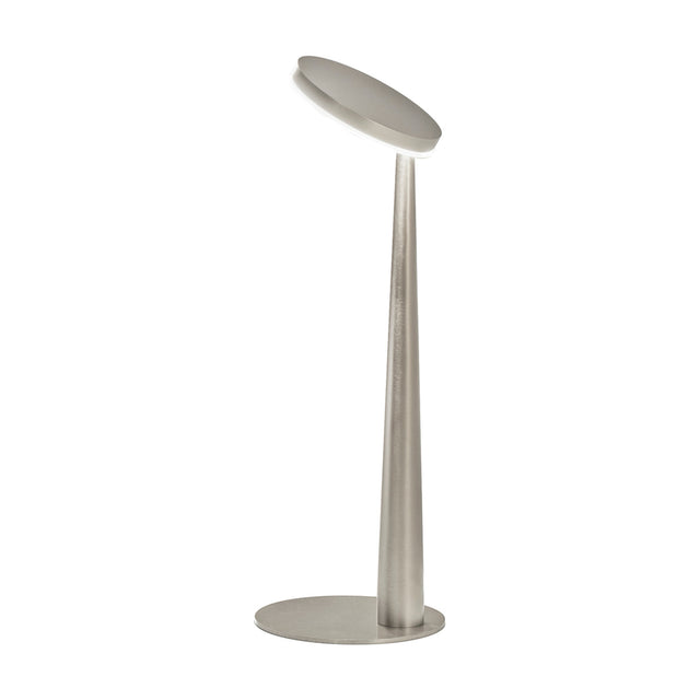 Bella Direct LED table lamp in Brushed Titanium finish, with slim tapered stem, round flat base, and angled disc head, shown on a plain white background.