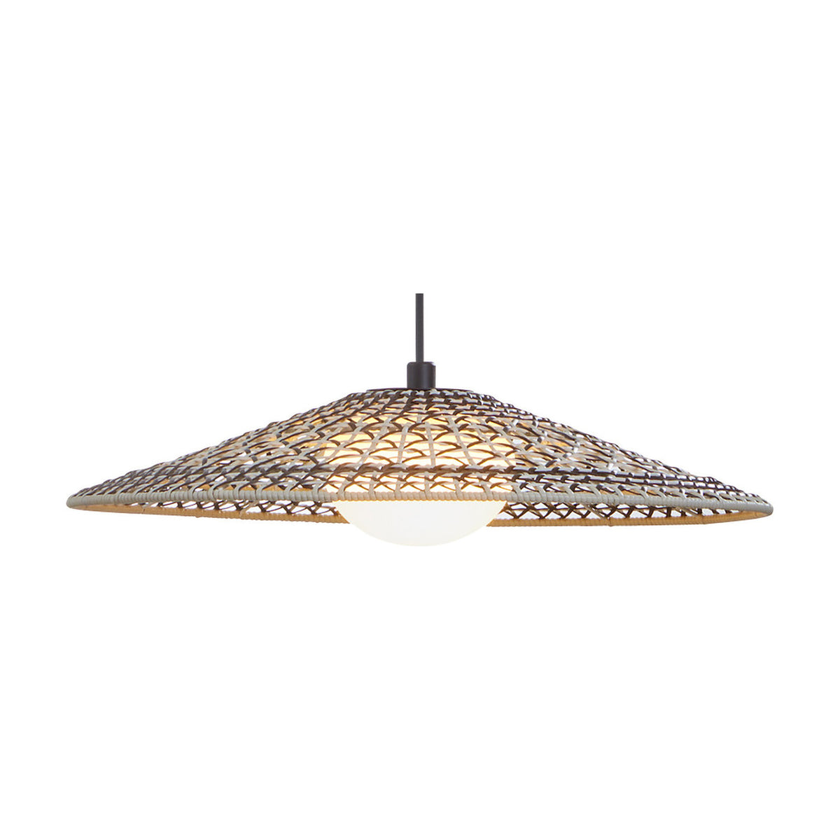 Nans S/55 Outrack woven outdoor pendant light with a wide, shallow cone shade in brown, beige and grey synthetic fibre, integrated LED and round white diffuser.