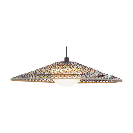 Nans S/55 Outrack woven outdoor pendant light with a wide, shallow cone shade in brown, beige and grey synthetic fibre, integrated LED and round white diffuser.