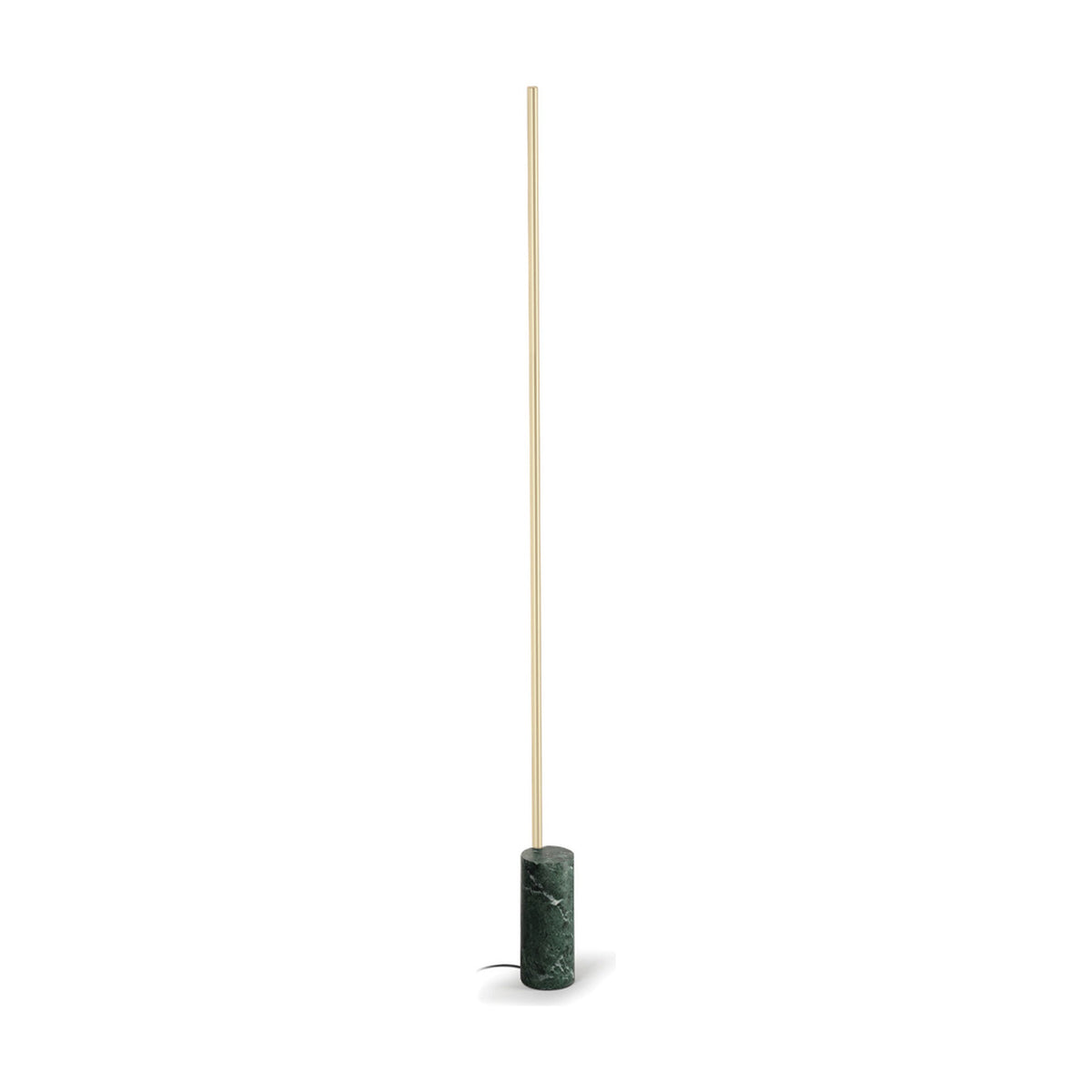 Hilow Line Alps Green linear floor lamp with a slim Brushed Champagne rod rising from a cylindrical green veined marble base, shown on a plain white background.