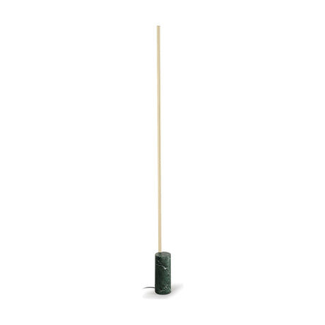 Hilow Line Alps Green linear floor lamp with a slim Brushed Champagne rod rising from a cylindrical green veined marble base, shown on a plain white background.
