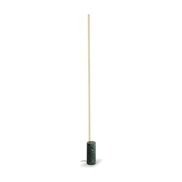 Hilow Line Alps Green linear floor lamp with a slim Brushed Champagne rod rising from a cylindrical green veined marble base, shown on a plain white background.