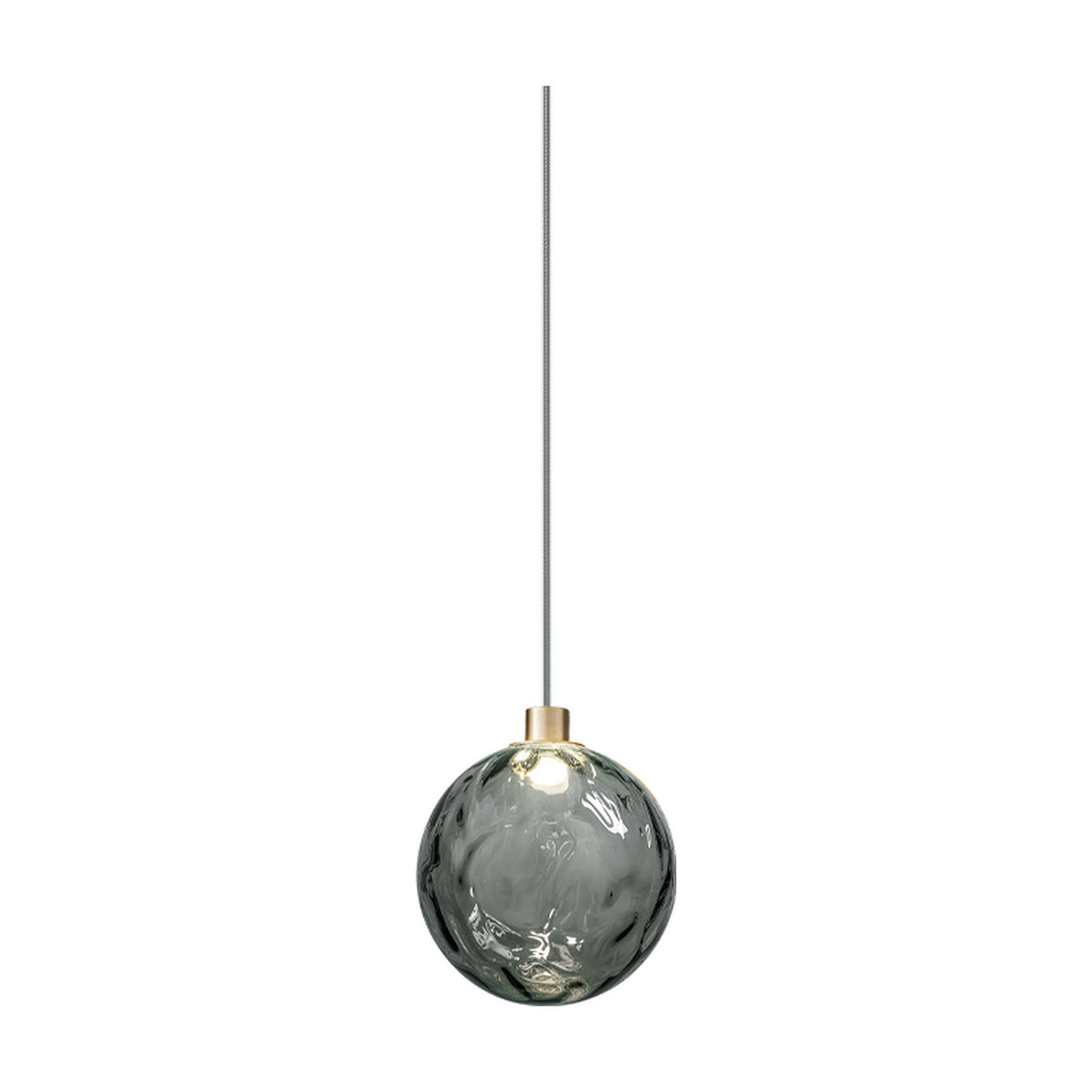 Murané pendant light with a 15cm rippled Smoke Grey glass sphere, champagne-finish cylinder fitting, and integrated LED on a slim cable, shown on a plain white background.