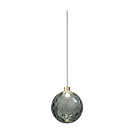 Murané pendant light with a 15cm rippled Smoke Grey glass sphere, champagne-finish cylinder fitting, and integrated LED on a slim cable, shown on a plain white background.