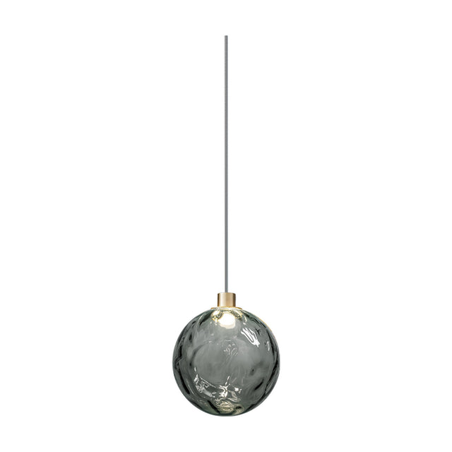 Murané pendant light with a 15cm rippled Smoke Grey glass sphere, champagne-finish cylinder fitting, and integrated LED on a slim cable, shown on a plain white background.