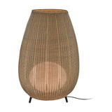 Amphora 02 Woven LED Outdoor Floor Lamp in beige, a large rounded woven shade tapering to an open top on short dark legs, shown on a plain white background.