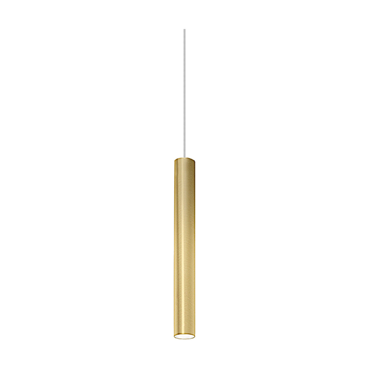 To-Be Aluminium Tube LED Pendant Light in Brushed Brass, a slim cylindrical single-light fixture on a thin cord, shown against a plain white background.