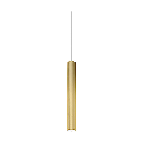 To-Be Aluminium Tube LED Pendant Light in Brushed Brass, a slim cylindrical single-light fixture on a thin cord, shown against a plain white background.