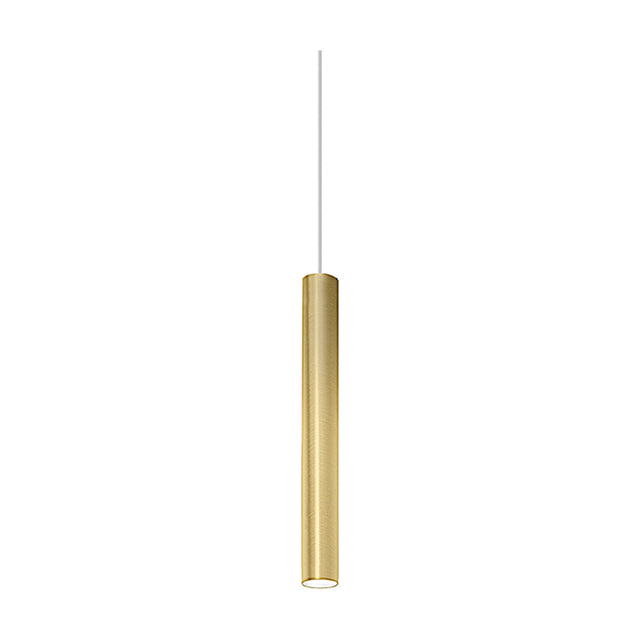To-Be Aluminium Tube LED Pendant Light in Brushed Brass, a slim cylindrical single-light fixture on a thin cord, shown against a plain white background.