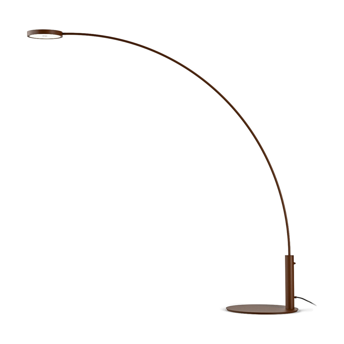 Dip Arc LED Outdoor Floor Lamp in Corten brown, featuring a slim curved stem from a round base sweeping to a flat disc head with integrated LED, shown on a plain white background.