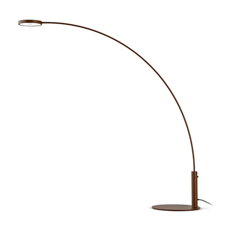 Dip Arc LED Outdoor Floor Lamp in Corten brown, featuring a slim curved stem from a round base sweeping to a flat disc head with integrated LED, shown on a plain white background.