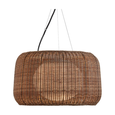 Fora S outdoor pendant light with a round woven Rattan Brown shade, suspended on a black and clear cable against a plain white background.