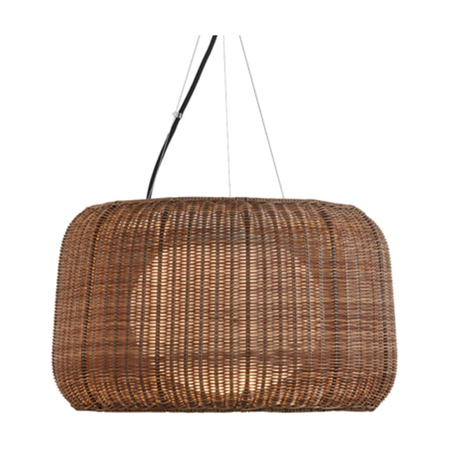 Fora S outdoor pendant light with a round woven Rattan Brown shade, suspended on a black and clear cable against a plain white background.