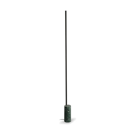 Hilow Line Alps Green Marble Linear Floor Lamp, a slim matt black rod rising from a cylindrical green marble base, shown against a plain white background.