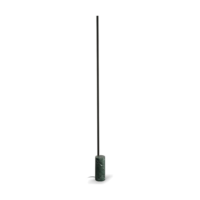 Hilow Line Alps Green Marble Linear Floor Lamp, a slim matt black rod rising from a cylindrical green marble base, shown against a plain white background.