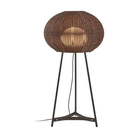 Garota P/02 outdoor floor lamp with a large oval woven globe shade in brown, set on a slim three-legged graphite brown stand, shown on a plain white background.