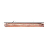 Nans Balis S/140 Outrack linear outdoor track pendant light with a red, orange and beige lattice shade beneath a slim brown structure, suspended on fine cables against a plain white background.