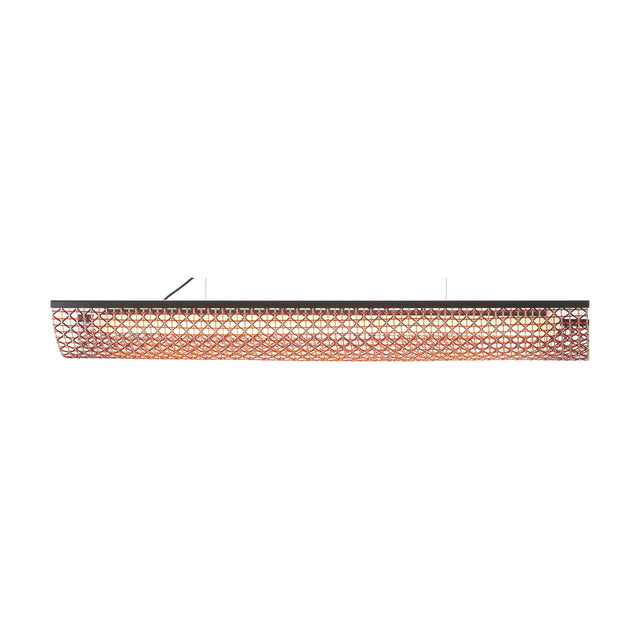 Nans Balis S/140 Outrack linear outdoor track pendant light with a red, orange and beige lattice shade beneath a slim brown structure, suspended on fine cables against a plain white background.