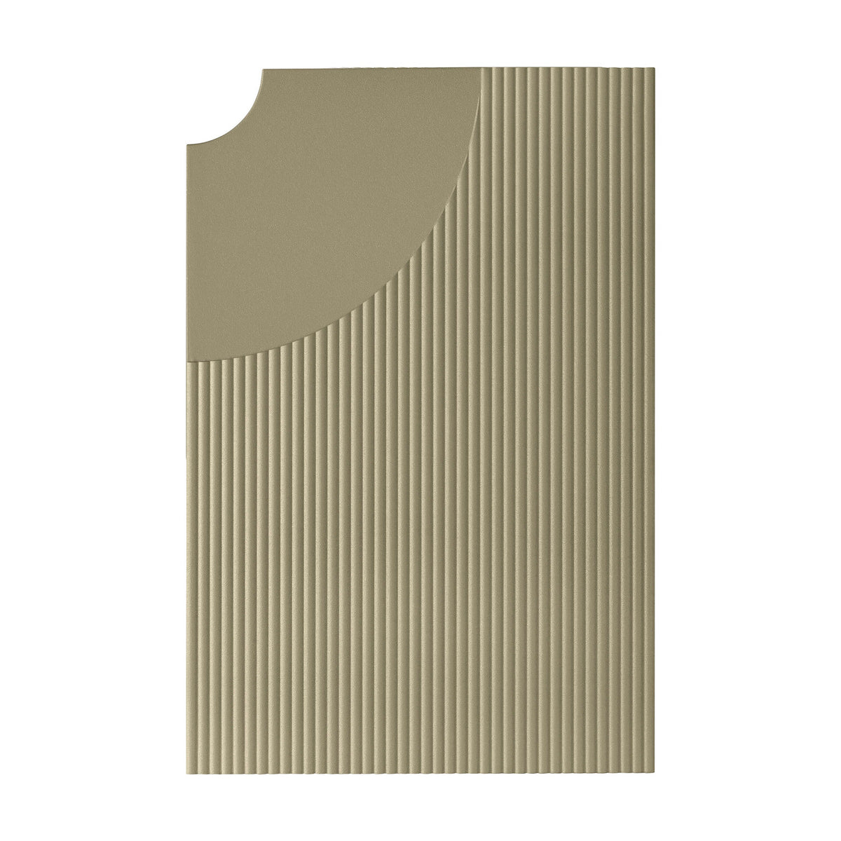 Arid Wall Light Tile in Textured Olive Grey, a rectangular aluminium panel with fine parallel fluting and a smooth curved cut-out, shown on a plain white background.