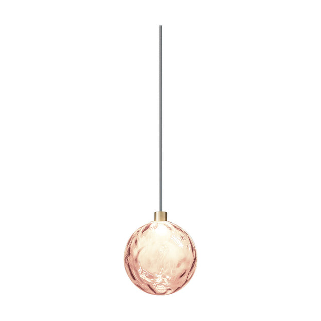 Murané pendant light with a 15cm rippled pink glass sphere, integrated LED, and Brushed Champagne cap on a slim cable, shown against a white background.