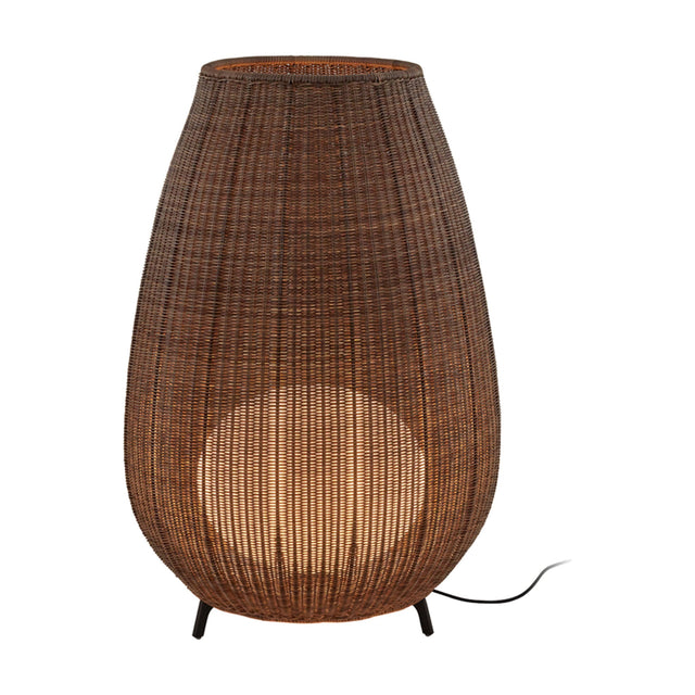 Amphora 02 Rattan LED Outdoor Floor Lamp in brown woven finish, tall rounded amphora shape on three slim legs with light glowing through the weave, shown on a plain white background.