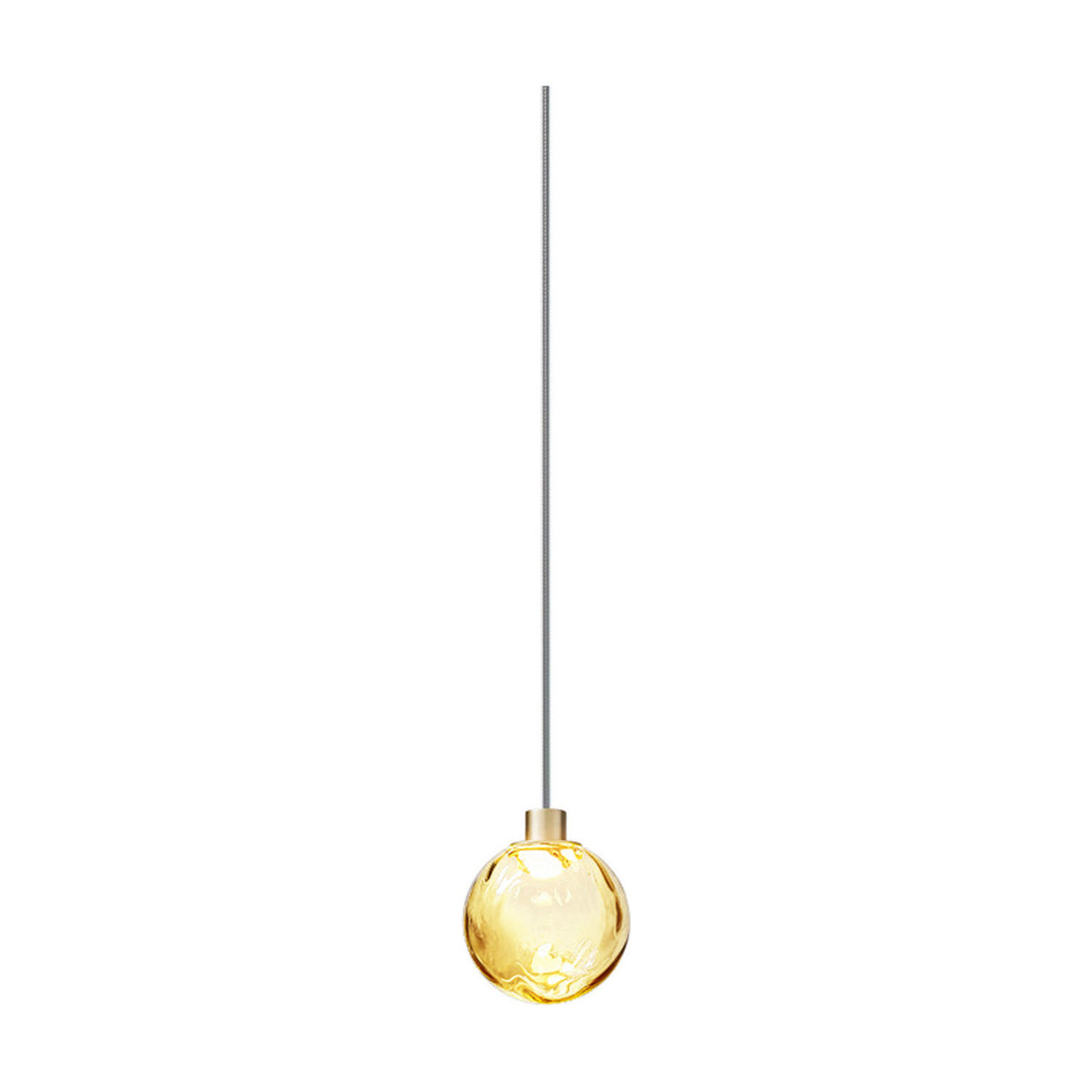 Murané Glass Sphere LED Pendant Light, 10cm amber glass globe with rippled texture on a long cable, Brushed Champagne cap, shown on a plain white background.