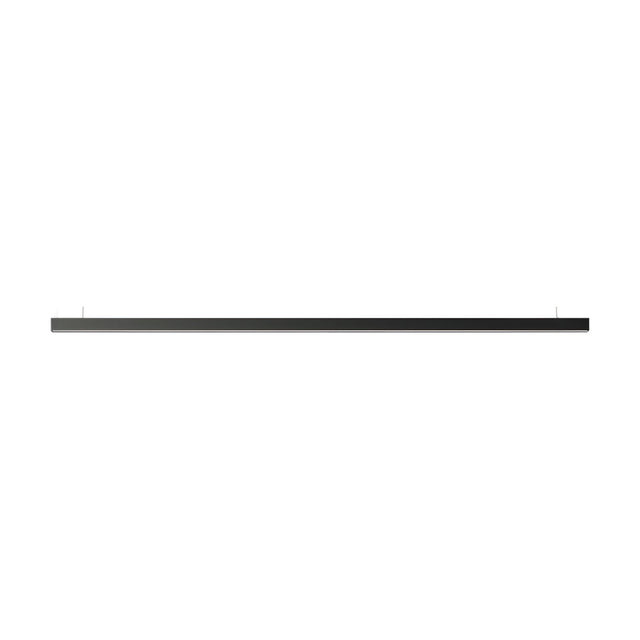Brooklyn Line Aluminium Linear LED Pendant Light, 202cm black slim bar suspended on two fine wires, shown against a plain white background.