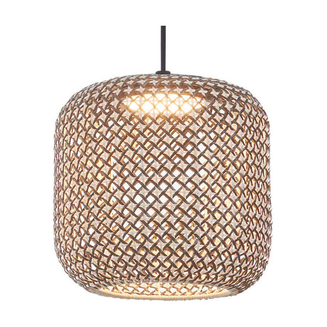 Nans S/31 Outrack pendant light with a woven brown synthetic fibre shade and integrated warm white LED, shown lit against a plain white background.