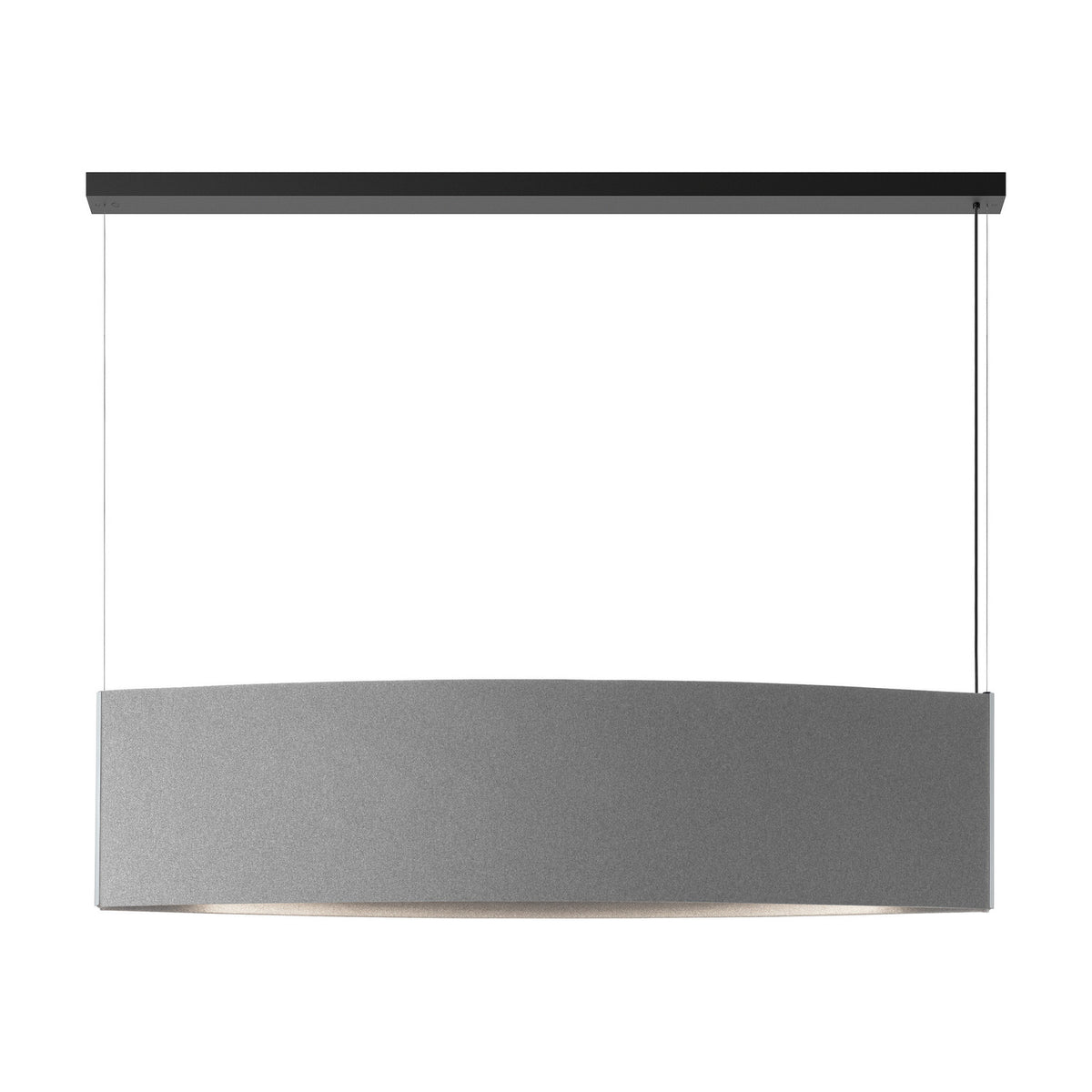 Noren S/151 fabric LED pendant light with a long, shallow oval panel in light grey fabric, suspended on fine wires from a slim black ceiling canopy against a plain white background.