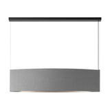 Noren S/151 fabric LED pendant light with a long, shallow oval panel in light grey fabric, suspended on fine wires from a slim black ceiling canopy against a plain white background.