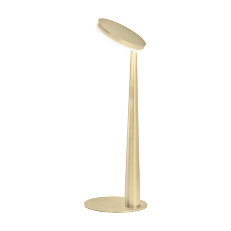 Bella Direct Aluminium LED Table Lamp in Brushed Champagne, featuring a round angled head on a slim tapered stem rising from a flat round base, shown on a plain white background.