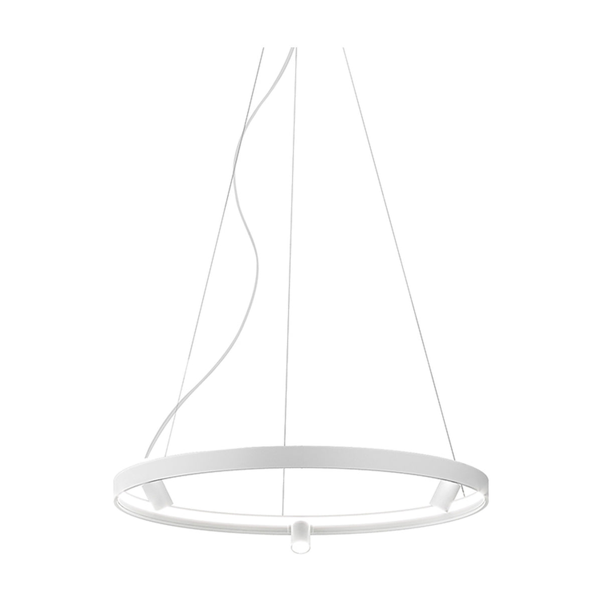 Arena Aluminium Ring LED Pendant Light 98cm in white, a slim circular fitting with integrated LED strip lighting and three small spot heads, suspended on fine wires against a plain white background.