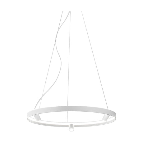 Arena Aluminium Ring LED Pendant Light 98cm in white, a slim circular fitting with integrated LED strip lighting and three small spot heads, suspended on fine wires against a plain white background.