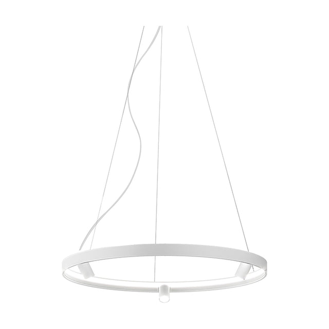 Arena Aluminium Ring LED Pendant Light 98cm in white, a slim circular fitting with integrated LED strip lighting and three small spot heads, suspended on fine wires against a plain white background.