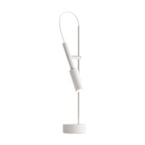 Tubino Aluminium LED Table Lamp in white, with a slim upright stem, angled cylindrical head on a short arm, arched cable detail, and round base, shown on a plain white background.