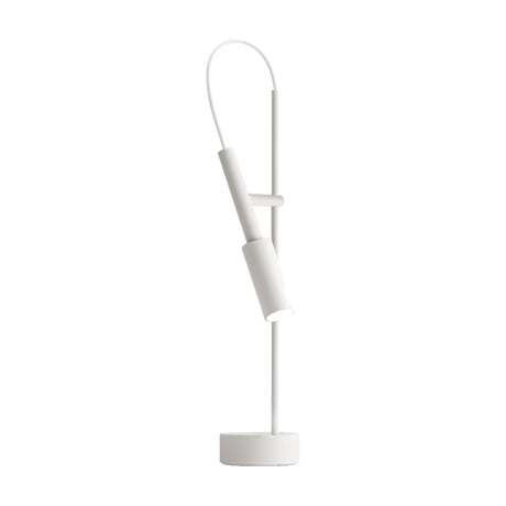Tubino Aluminium LED Table Lamp in white, with a slim upright stem, angled cylindrical head on a short arm, arched cable detail, and round base, shown on a plain white background.