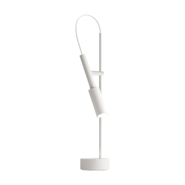 Tubino Aluminium LED Table Lamp in white, with a slim upright stem, angled cylindrical head on a short arm, arched cable detail, and round base, shown on a plain white background.