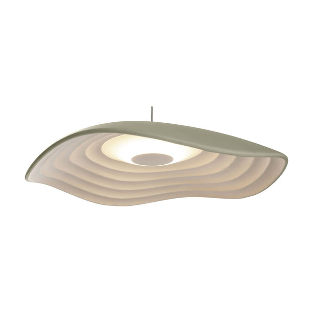 Valentina S/24 LED pendant light with an asymmetric wave-edged shade, olive grey on top and white underneath with fine rippled tiers around a central light, shown on a plain white background.