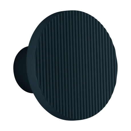 Arid A/01 round aluminium LED wall light with vertically fluted disc face in Textured Grey Blue, mounted on a short cylindrical stem, shown on a plain white background.