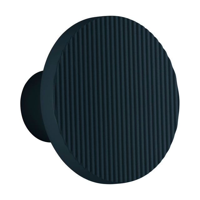 Arid A/01 round aluminium LED wall light with vertically fluted disc face in Textured Grey Blue, mounted on a short cylindrical stem, shown on a plain white background.