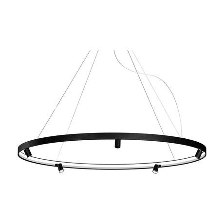 Arena Aluminium Ring LED Pendant Light 194cm in black, a slim circular band with integrated inner LED strip and small cylindrical spotlights, hung on fine wires against a plain white background.