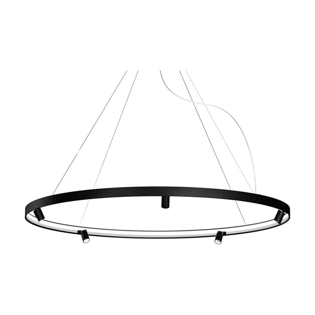 Arena Aluminium Ring LED Pendant Light 194cm in black, a slim circular band with integrated inner LED strip and small cylindrical spotlights, hung on fine wires against a plain white background.