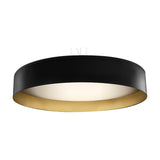 Ginevra LED Pendant Light 80cm, a wide drum-shaped fixture in matt black with a brass inner rim and white diffuser, shown on a plain white background.