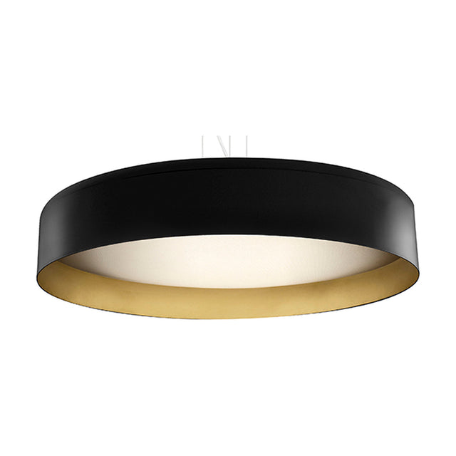Ginevra LED Pendant Light 80cm, a wide drum-shaped fixture in matt black with a brass inner rim and white diffuser, shown on a plain white background.
