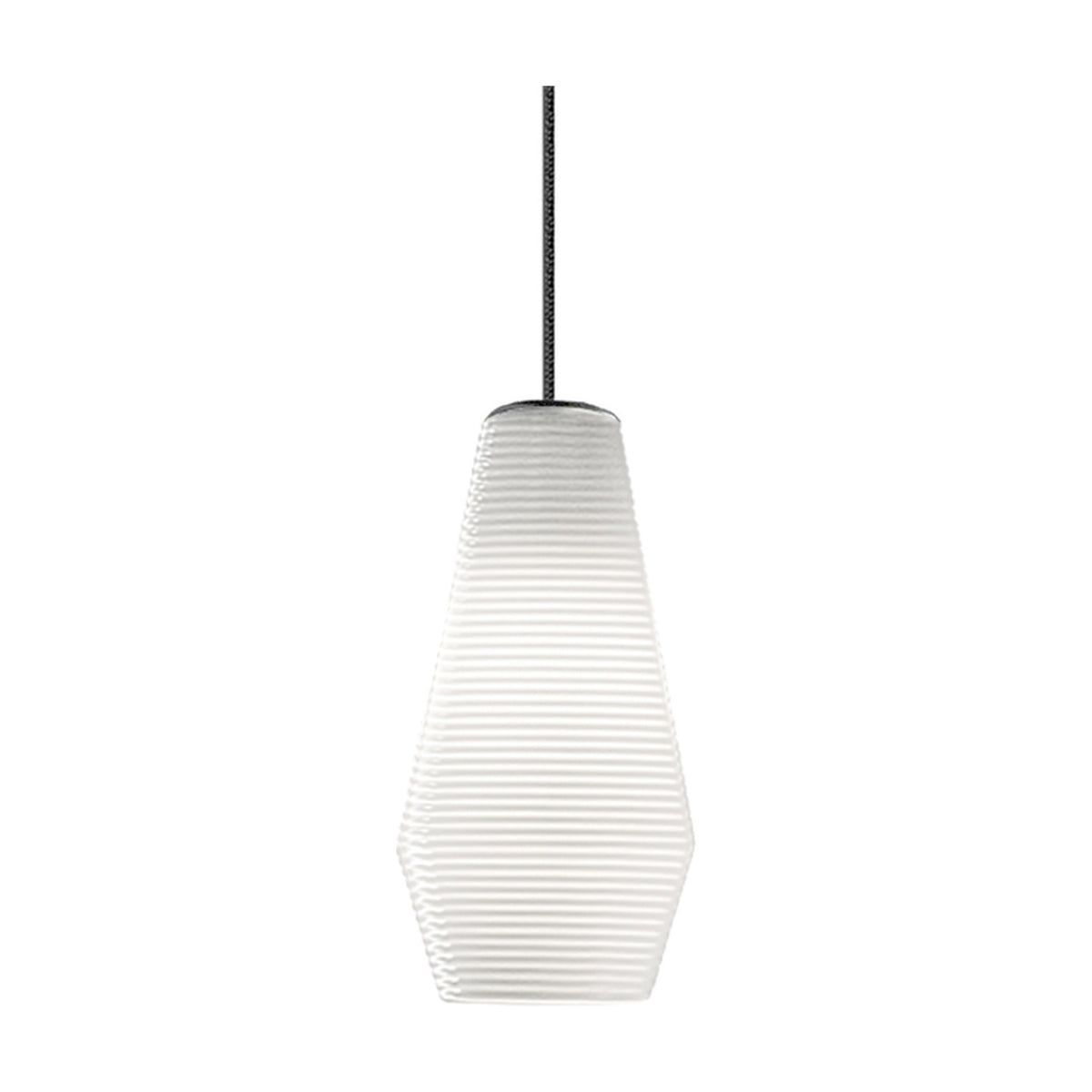 Olivia Glass LED Pendant Light in white, a single ribbed glass shade tapering from a narrow top to a broad shoulder, hung on a dark cord against a plain white background.