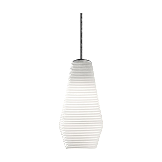 Olivia Glass LED Pendant Light in white, a single ribbed glass shade tapering from a narrow top to a broad shoulder, hung on a dark cord against a plain white background.